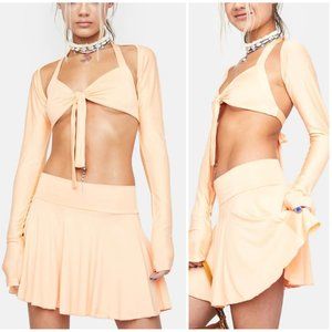 NWT Dolls Kill Three Piece Skirt Set Halter Neck Shrug Top Pleated Light Orange